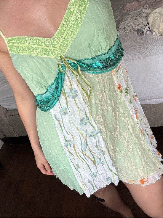 Sirens Dresses & Skirts - Light Green Patchwork Silk Summer Dress with Teal Sequin Waist